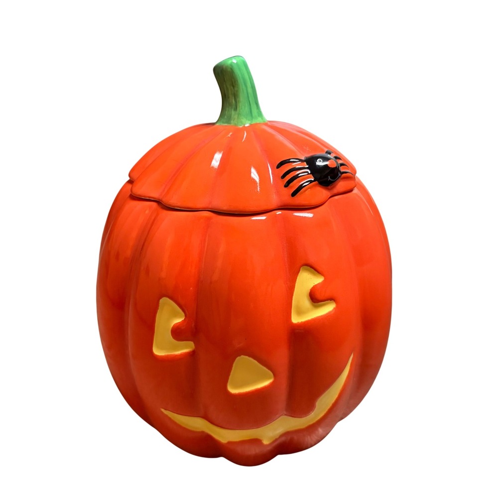 Hallmark Pumpkin Jack-O-Lantern Ceramic Cookie Jar with Spider Detail Orange
